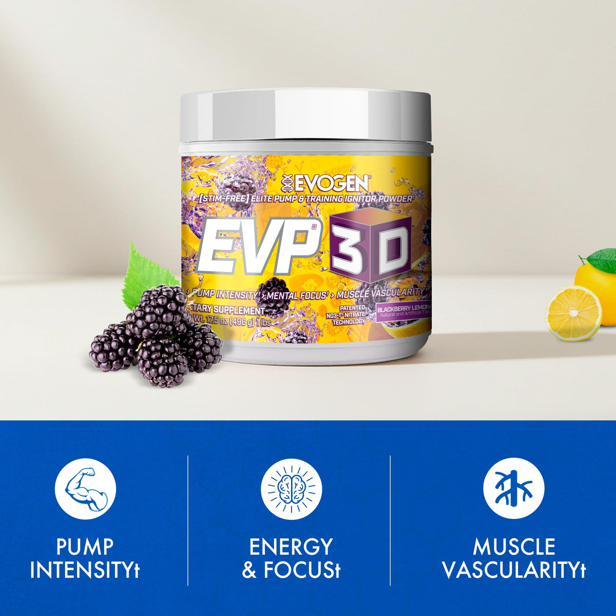 Evogen EVP 3D Stim Free Pre-Workout | Citrus Candy | 40 Servings | Arginine nitrate, L-citrulline, beta-alanine and creatine with lion's mane, L-tyrosine and DMAE for pumps and focus