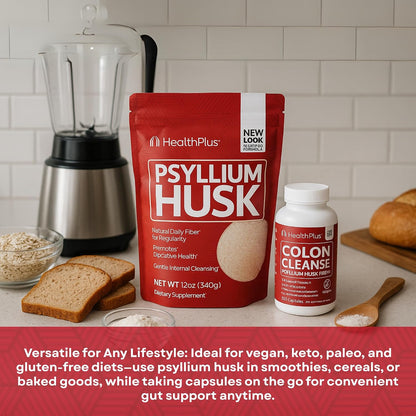 Health Plus Fiber & Cleanse Bundle – Psyllium Husk Powder & Colon Cleanse Capsules for Daily Detox, Constipation Relief, Gut Health & Heart Support – Natural Fiber Supplement Duo