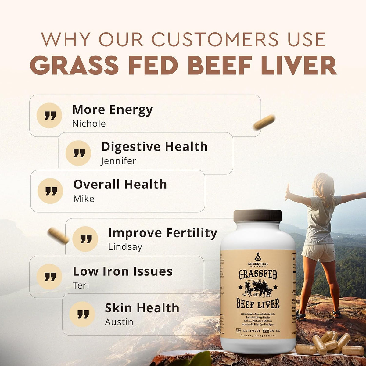Ancestral Supplements Beef Liver & Beef Organs Bundle – Supports Energy, Immunity & Whole Body Wellness – Grass Fed, Pasture Raised Multivitamin with Liver, Heart, Kidney, Pancreas & Spleen, Non-GMO