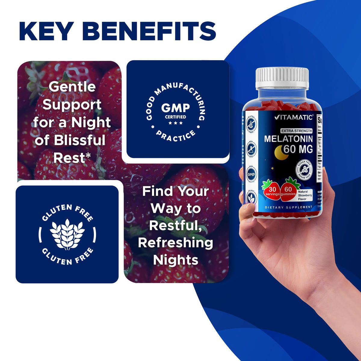 Vitamatic Sugar Free Melatonin 60 mg - 60 Vegetarian Gummies - Non-Habit Forming Supplement