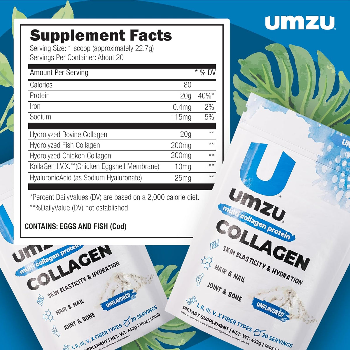 UMZU zuCollagen Collagen Peptides Powder, Unflavored | 5 Collagen Types I, II, III, V and X, Hydrolyzed Collagen Peptides, Hair, Skin, Joint and Daily Recovery Support