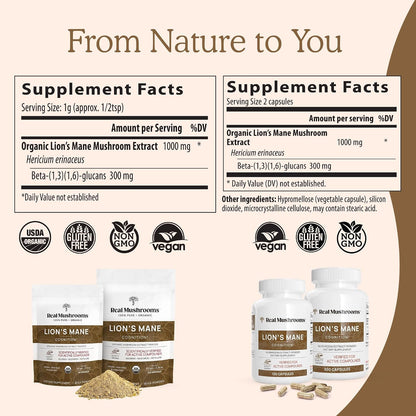 Real Mushrooms Peak Performance Bundle - Lion's Mane + Reishi + Cordyceps-M Certified Organic Mushroom Powders for Vitality, Immunity & Longevity