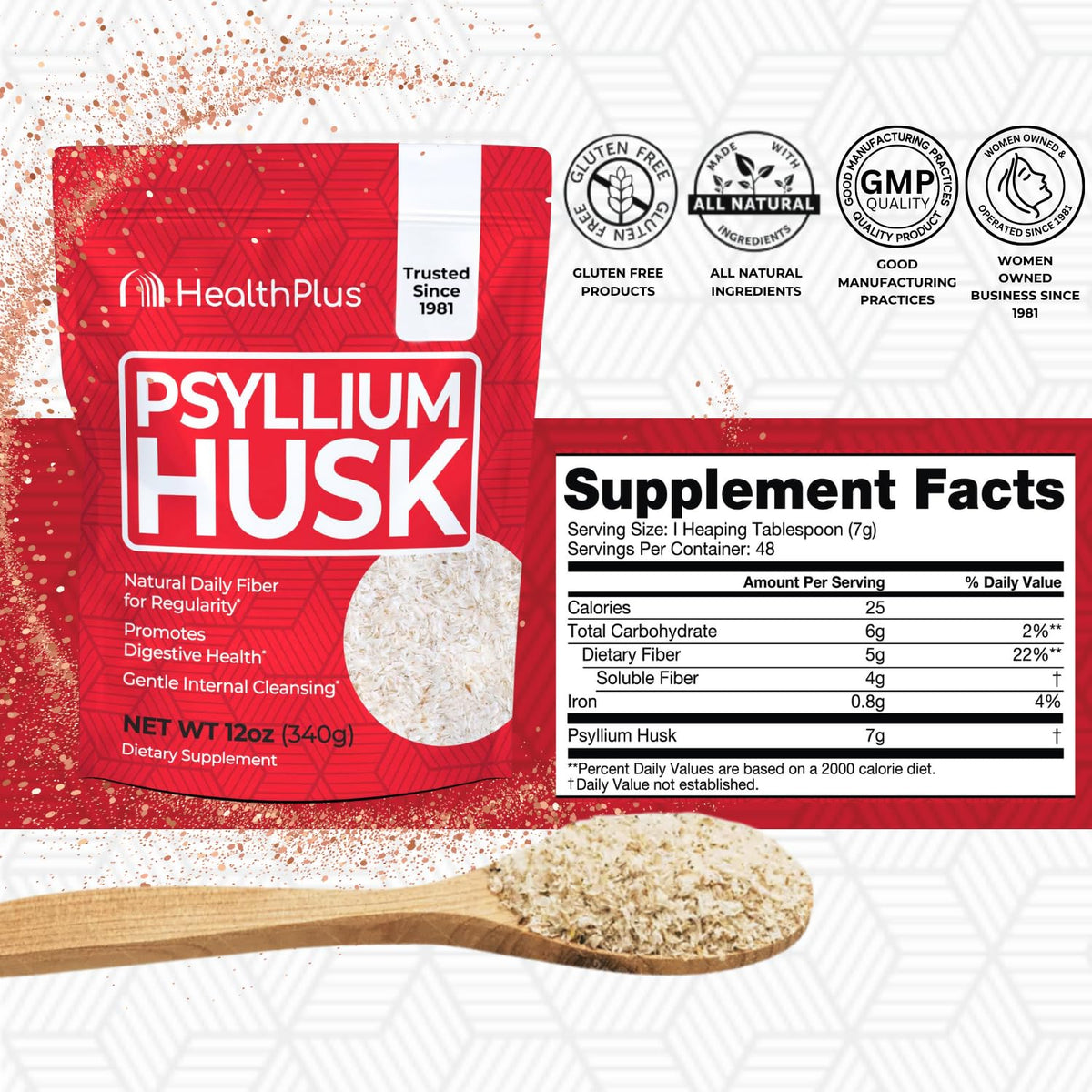 Health Plus Daily Psyllium Husk Fiber, 24 oz, 96 Servings | Pure psyllium husk fiber supplement; helps with occasional constipation, supports daily regularity, and keto baking uses