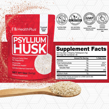 Health Plus Daily Psyllium Husk Fiber, 24 oz, 96 Servings | Pure psyllium husk fiber supplement; helps with occasional constipation, supports daily regularity, and keto baking uses
