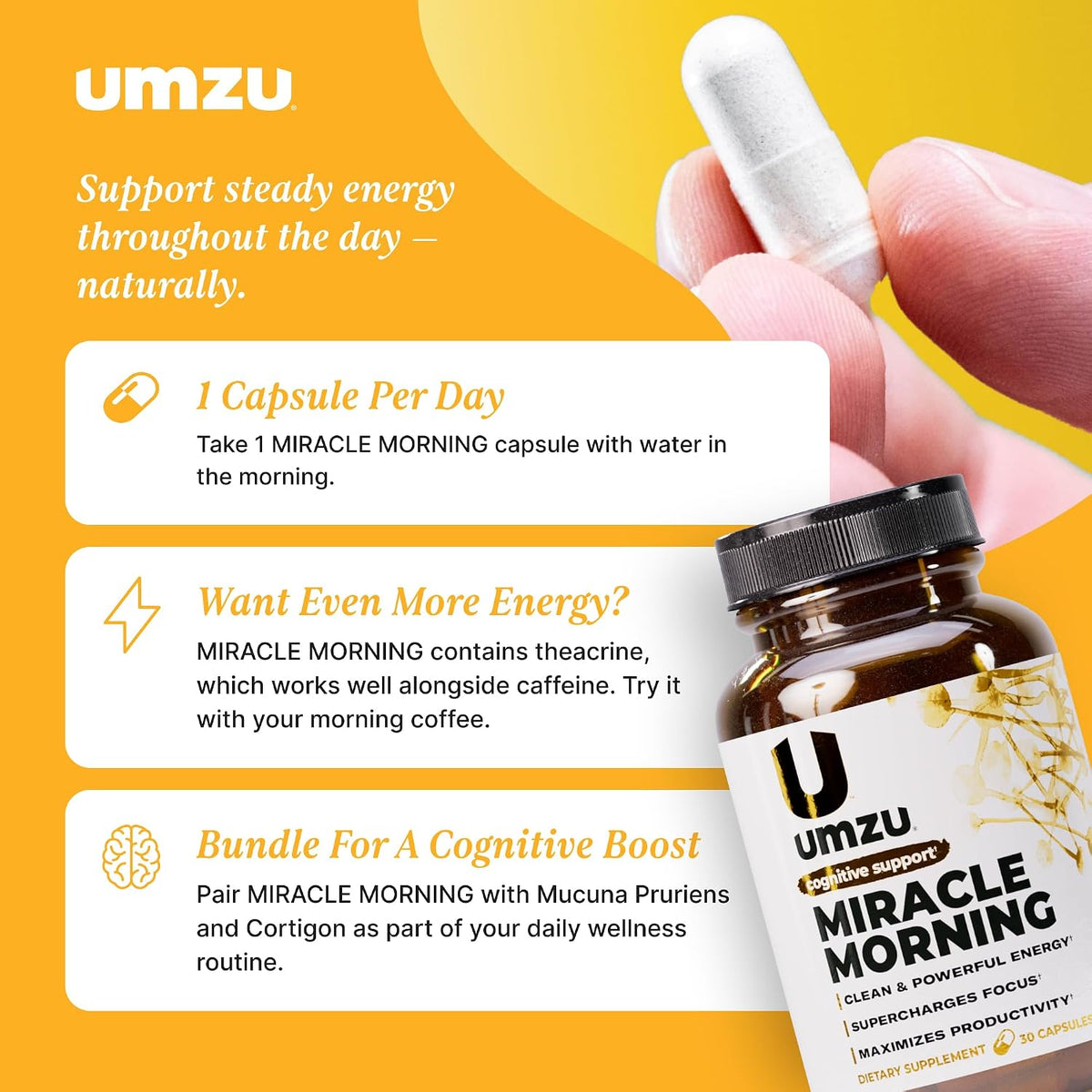 UMZU Miracle Morning Energy Support Supplement, 30 Day Supply | PurCaf Caffeine and Theacrine, Organic Ingredients, Morning Energy, Focus and Mood Support, Daily Energy and Focus Supplement