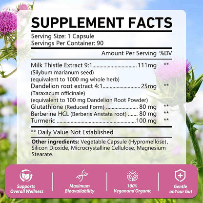 OMOGS Organic Milk Thistle, Herbal Liver Support Milk Thistle Supplement, with Dandelion Root, Glutathione, Berberine HCL &Turmeric, Support Liver Cleanse Detox & Repair, 90 Capsules