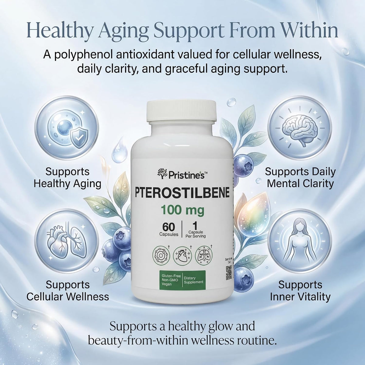 PRISTINE'S Pterostilbene 100mg Healthy Aging Capsules, Vegan, 60 Day Supply | Antioxidant and healthy aging support in a focused polyphenol capsule. 60 day supply, vegan, non-GMO, gluten-free glass.
