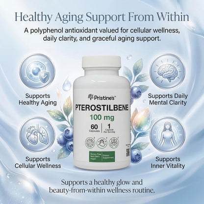 PRISTINE'S Pterostilbene 100mg Healthy Aging Capsules, Vegan, 60 Day Supply | Antioxidant and healthy aging support in a focused polyphenol capsule. 60 day supply, vegan, non-GMO, gluten-free glass.