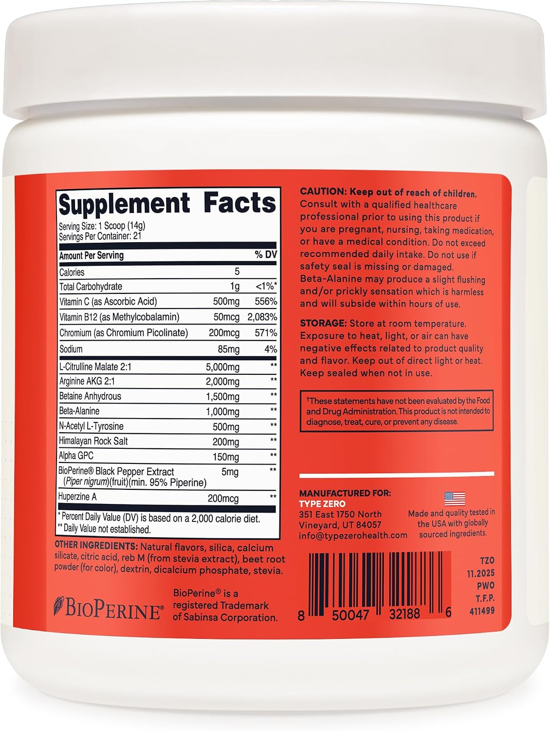 Type Zero Clean Stim Free Pre Workout Powder (Tropical Fruit Punch) 21 Serv | Nitric Oxide Booster with L-Citrulline Malate, Arginine AKG, Beta Alanine, Caffeine & Stimulant Free
