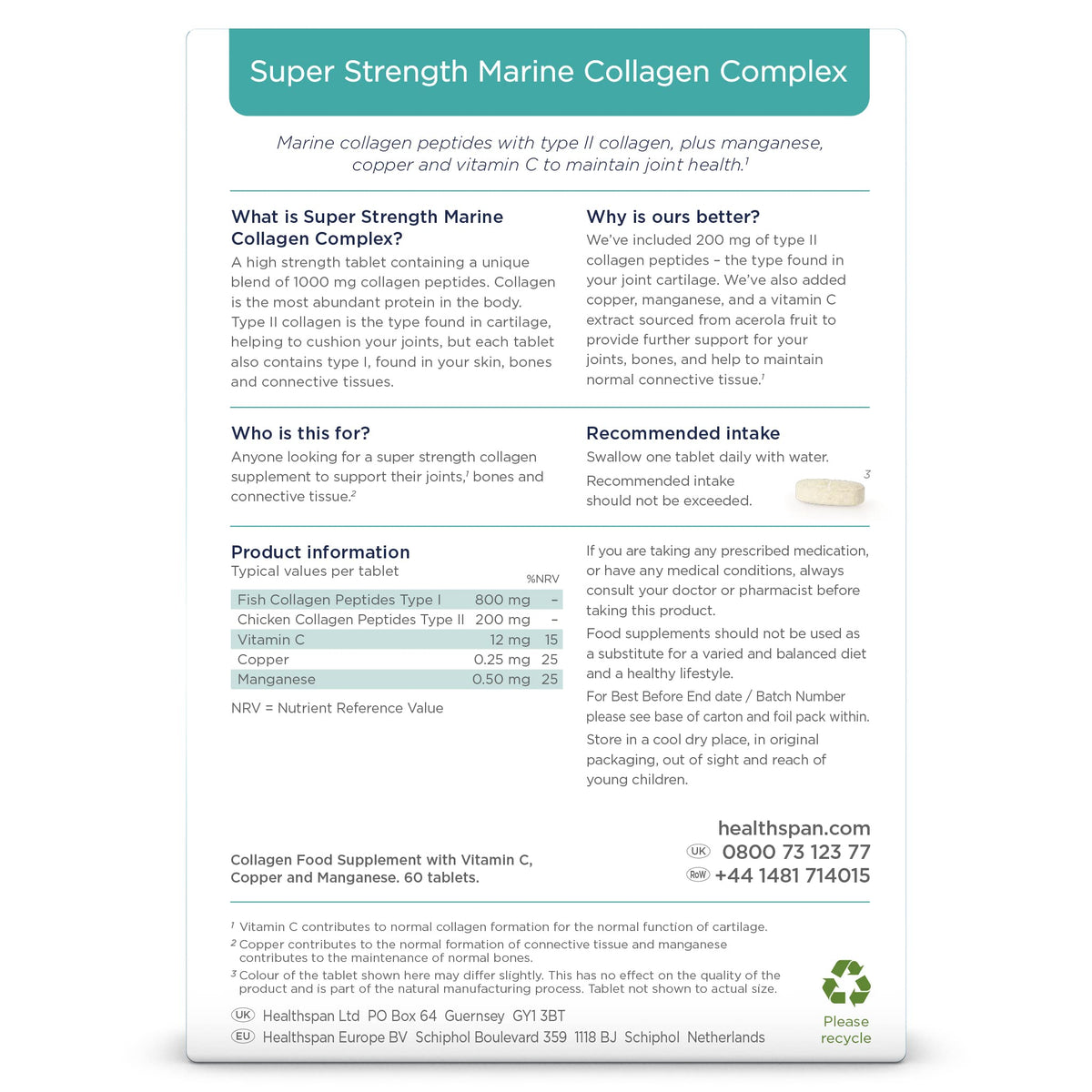 Healthspan 1,000mg Marine Collagen Complex 60 Tablets | 800mg Type I + 200mg Type II Collagen