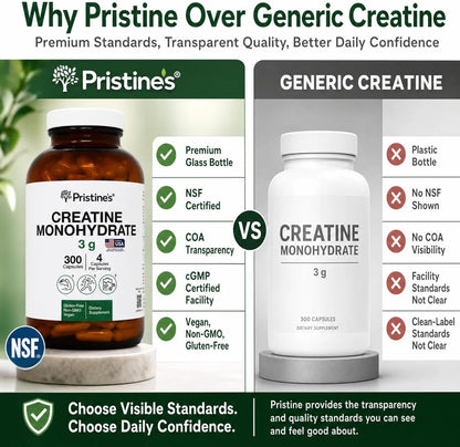 PRISTINE'S NSF Certified Creatine Monohydrate 3g Capsules, 75 Servings | Vegan, non-GMO and gluten-free. NSF Certified creatine capsules with 75 servings and no powder scoop, mixing, grit or flavor