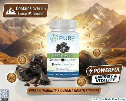 PURE® Shilajit 600mg - 60 Capsules - 50% Fulvic Acid Standardized Extract - Himalayan Wildcrafted Trace Minerals for ATP Energy & Mitochondrial Health - Made in USA