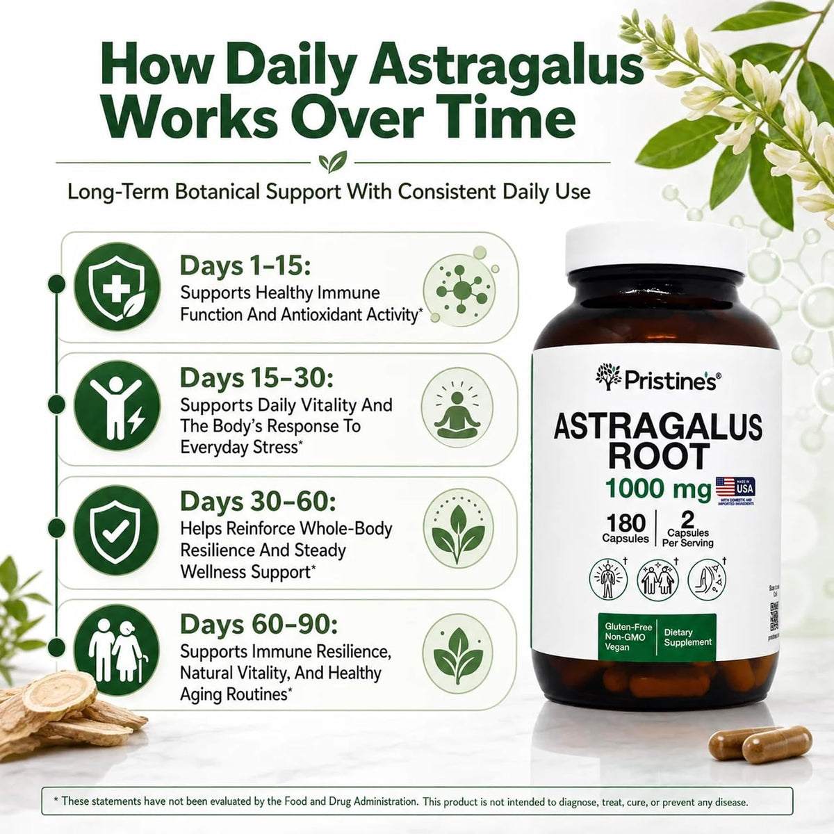 PRISTINE'S Astragalus Root 1000mg Capsules, Adaptogen, Vegan, 90 Day Supply | Lung health support from an herbal adaptogen used in Traditional Chinese medicine. 90 day supply, vegan, non-GMO, gluten-free