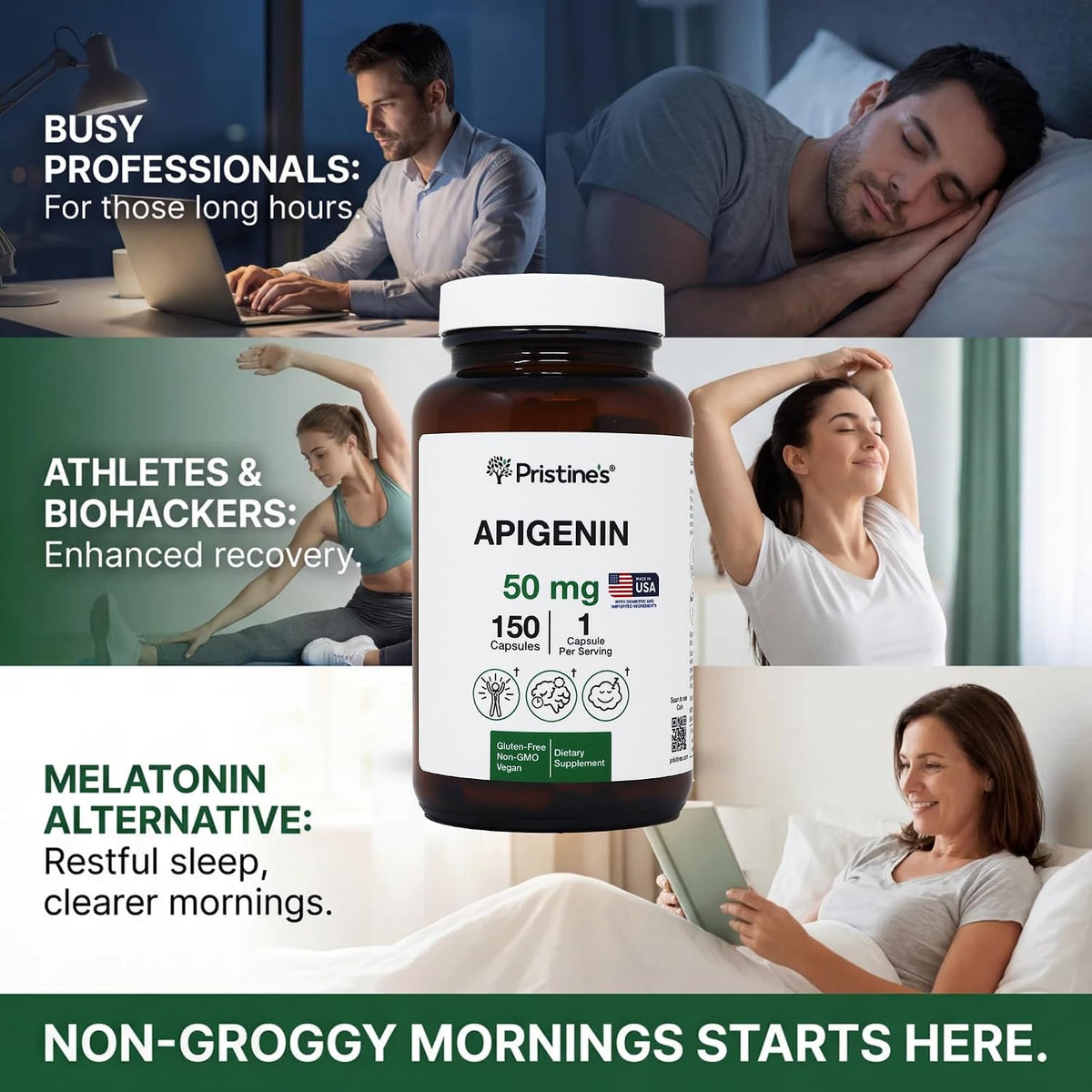 PRISTINE'S Apigenin 50mg Sleep Support Capsules, Vegan, 150 Day Supply | Evening relaxation and calm support in a simple one-capsule routine. 150 day supply, vegan, non-GMO, gluten-free