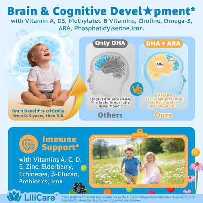 Toddler 2-3 & Kids 4+ Multivitamin Gummies w/ Iron, Omega-3, ARA, Calcium, Prebiotic, Methylated Picky Eater Vitamins for Kids 2+ Growth & Development | Vitamin C, D3 K2, B12, Methylfolate, Sugar Free