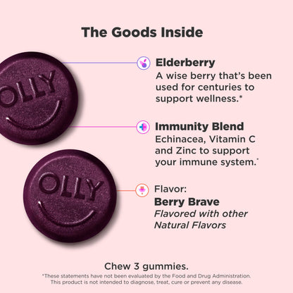 OLLY Immunity Gummy, Immune Support, Elderberry, Zinc, Vitamin C, Supplement, Berry Flavor, 15 Day Supply - 45 Count