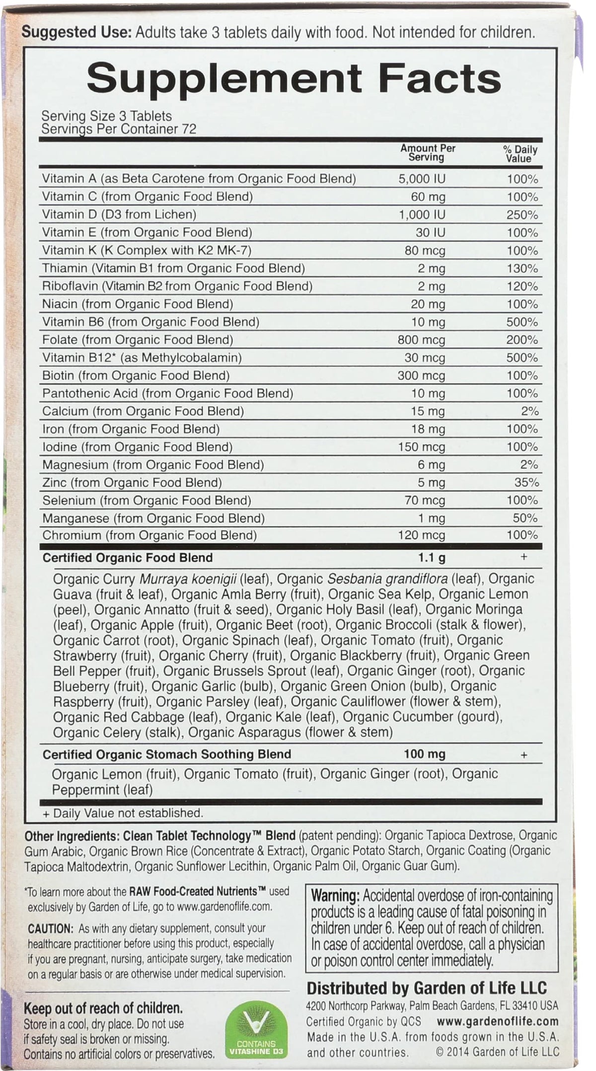 Garden of Life Organic Mykind Prenatal Multivitamin, 216 CT