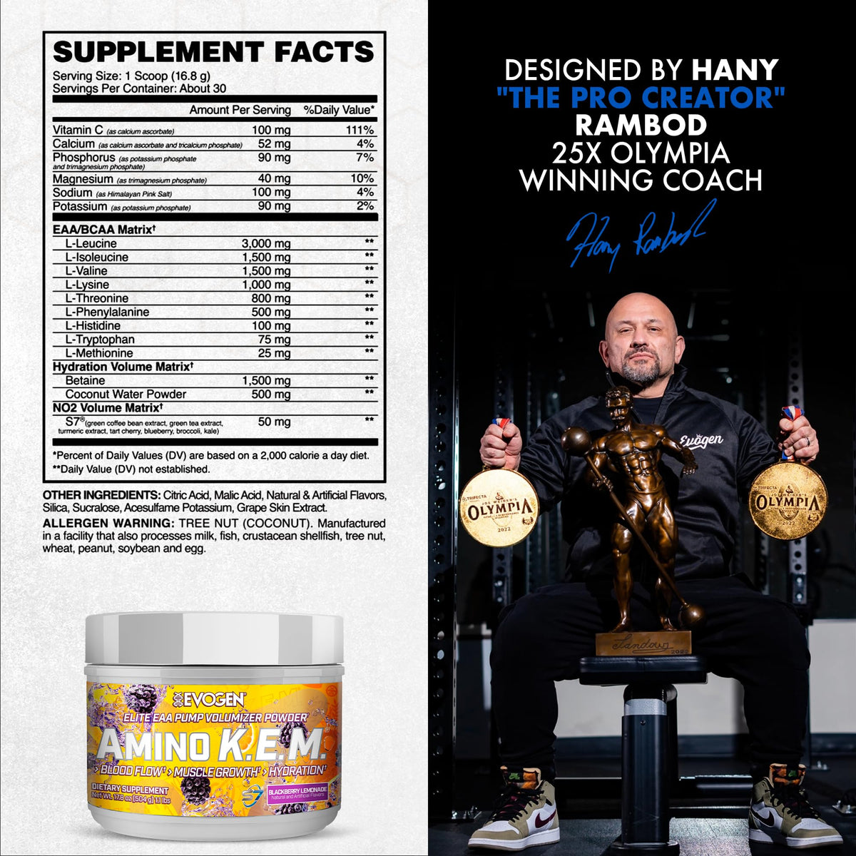 Evogen Amino K.E.M. EAA & BCAA | Tropic Thunder | 30 Servings | S7 nitric oxide blend with betaine anhydrous, coconut water and leucine for blood flow, muscle growth, hydration and recovery