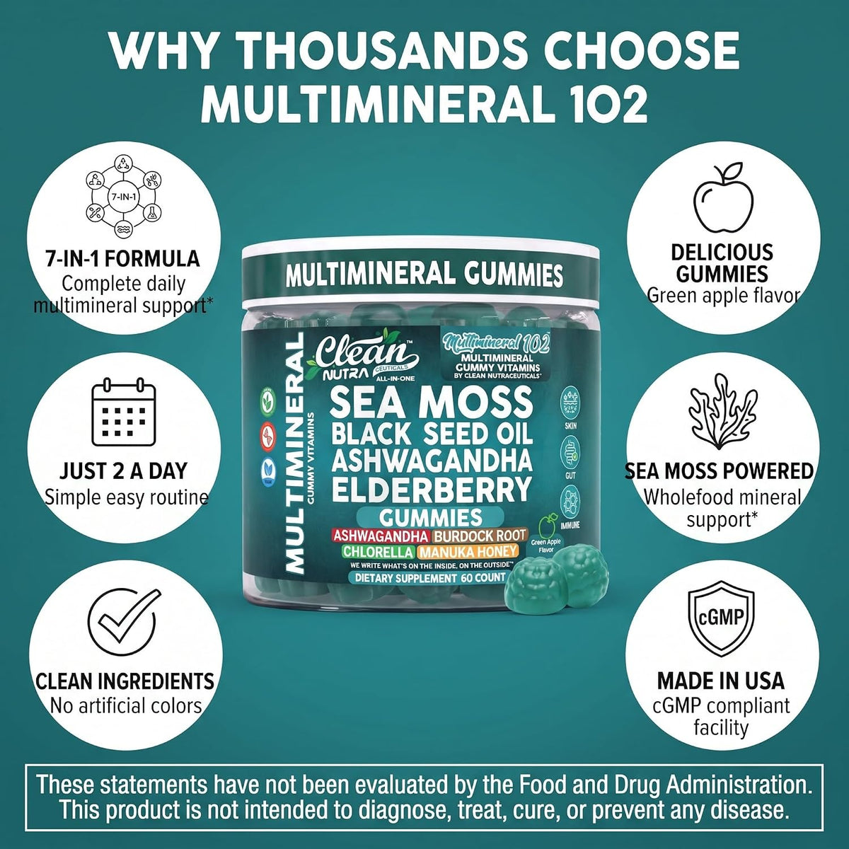 Sea Moss Gummies | Clinically Tested - Black Seed Oil Ashwagandha Elderberry Burdock Root Chlorella Manuka Honey - Vegan Irish Sea Moss Gummy Vitamins for Adults Kids Men Women - Green Apple Flavor