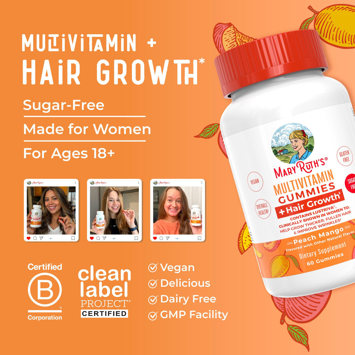 MaryRuth's Multivitamin + Hair Growth Gummies | with Lustriva® | Biotin 10000mcg | B Vitamins | Formulated for Thicker Hair, Wrinkles, Fine Lines, Skin Care | Ages 18+ | 30 Servings
