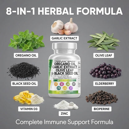 Clean Nutra Oregano Oil with Black Seed Oil Garlic Olive Leaf Extract - Oil of Oregano Capsules Immune Support Carvacrol & Thymoquinone Supplement for Women and Men + Elderberry Vitamin D3 & Zinc