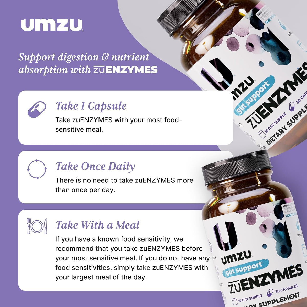 UMZU zuEnzymes Digestive Enzyme Supplement, 30 Day Supply | 21 Enzyme Blend, Lipase, Protease and Amylase, Supports Digestion, Gut Health, Nutrient Breakdown and Digestive Wellness