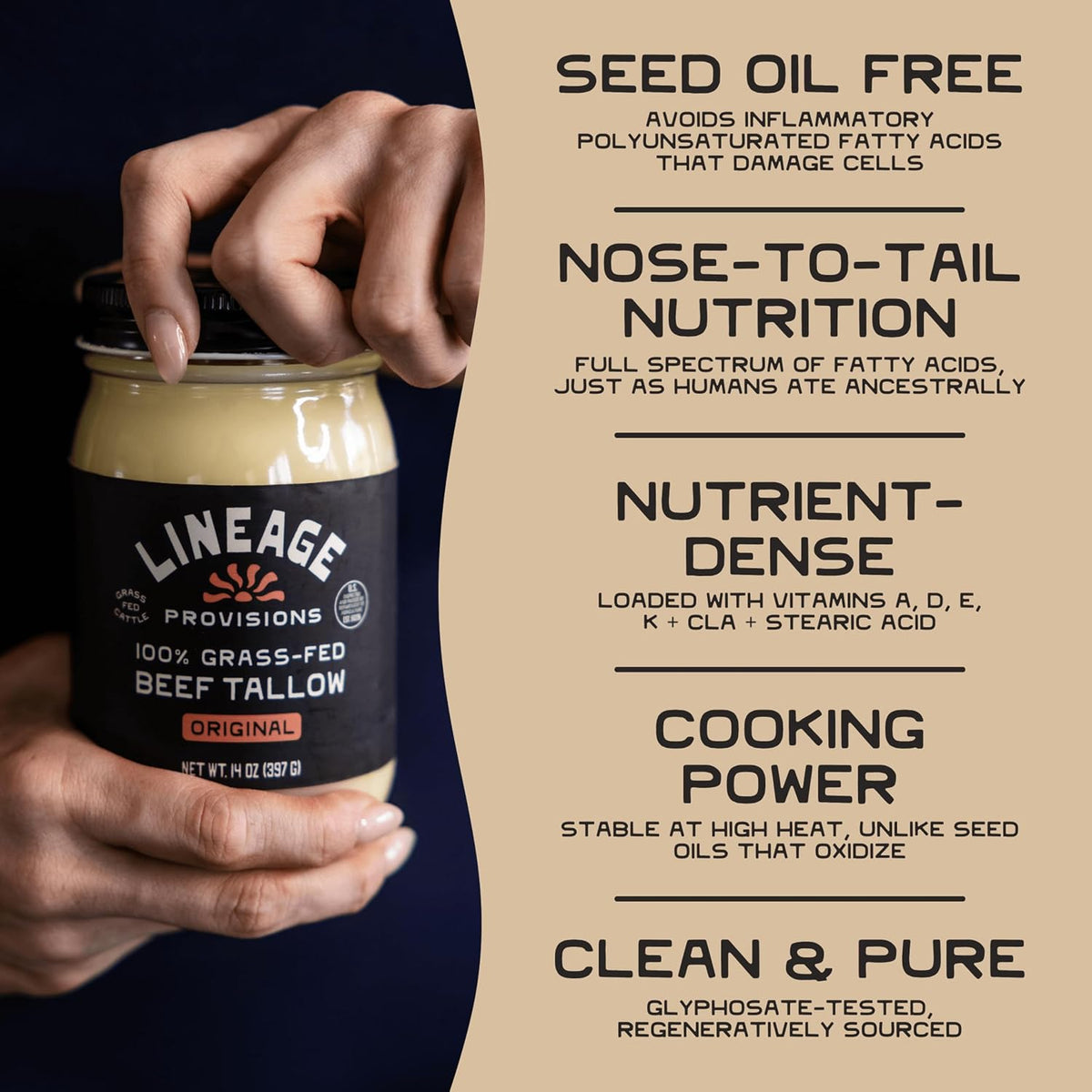 Lineage Provisions Grass-Fed Beef Tallow, 3-Pack Glass Jars | 100% grass-fed & finished, US-raised cattle, nose-to-tail rendered, cooking oil alternative, keto & paleo friendly.