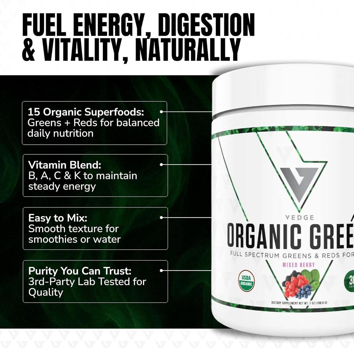 VEDGE Greens Powder, Super Greens Powder, Mixed Berry, 30 Servings | Organic Greens Powder, Full Spectrum Vegan Superfood Drink Mix With Antioxidants For Energy And Daily Nutrition, Athletes