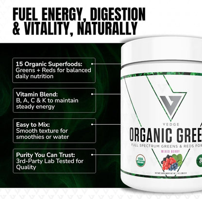 VEDGE Greens Powder, Super Greens Powder, Mixed Berry, 30 Servings | Organic Greens Powder, Full Spectrum Vegan Superfood Drink Mix With Antioxidants For Energy And Daily Nutrition, Athletes
