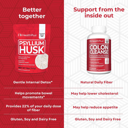 Health Plus Fiber & Cleanse Bundle – Psyllium Husk Powder & Colon Cleanse Capsules for Daily Detox, Constipation Relief, Gut Health & Heart Support – Natural Fiber Supplement Duo