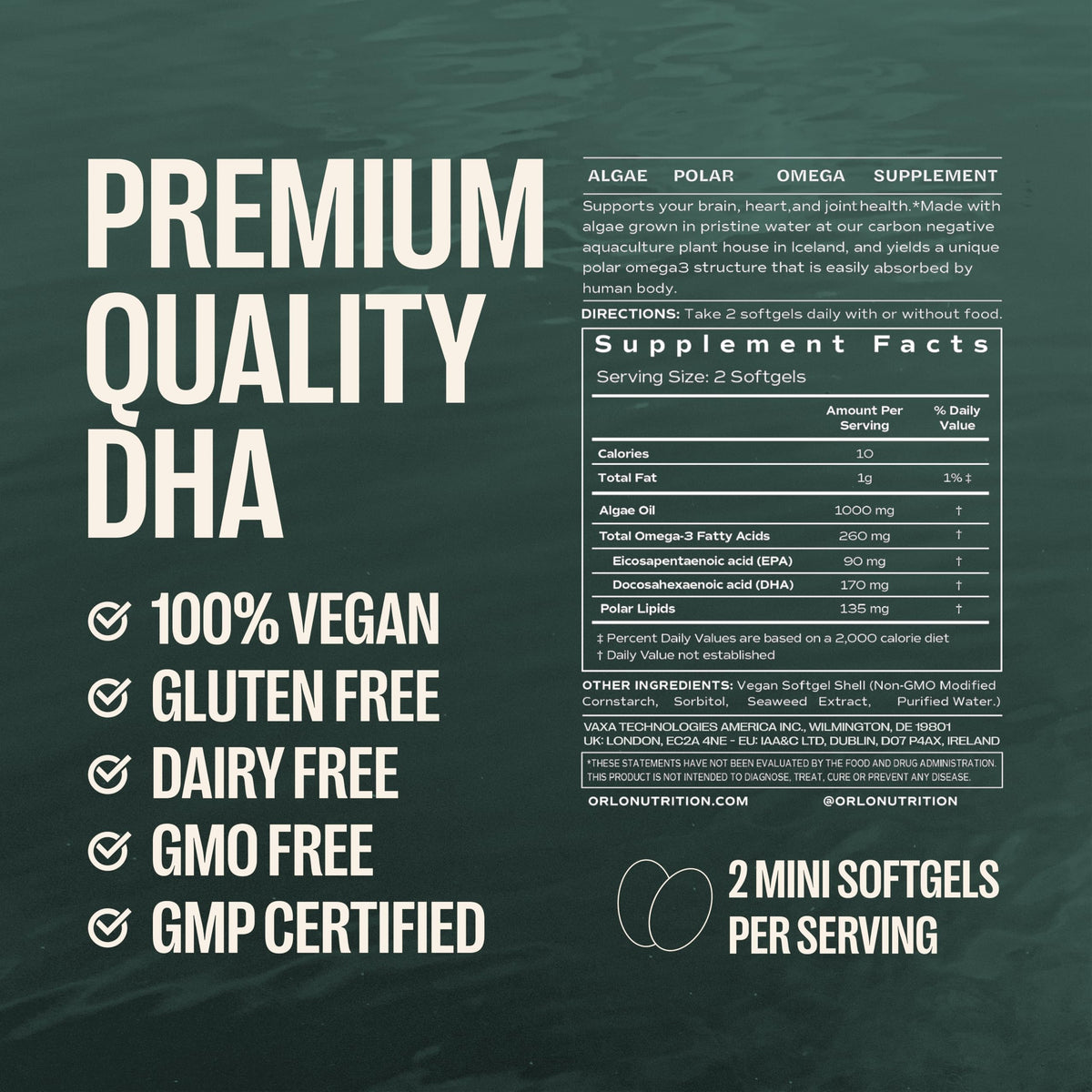 Orlo DHA Supplement 1000mg - 3X Absorption Natural Icelandic Nordic Omega 3 DHA & EPA for Brain & Eye Support – Vegan Fish Oil Alternative, No Fishy Aftertaste, 60 Easy-to-Swallow Mini Softgels