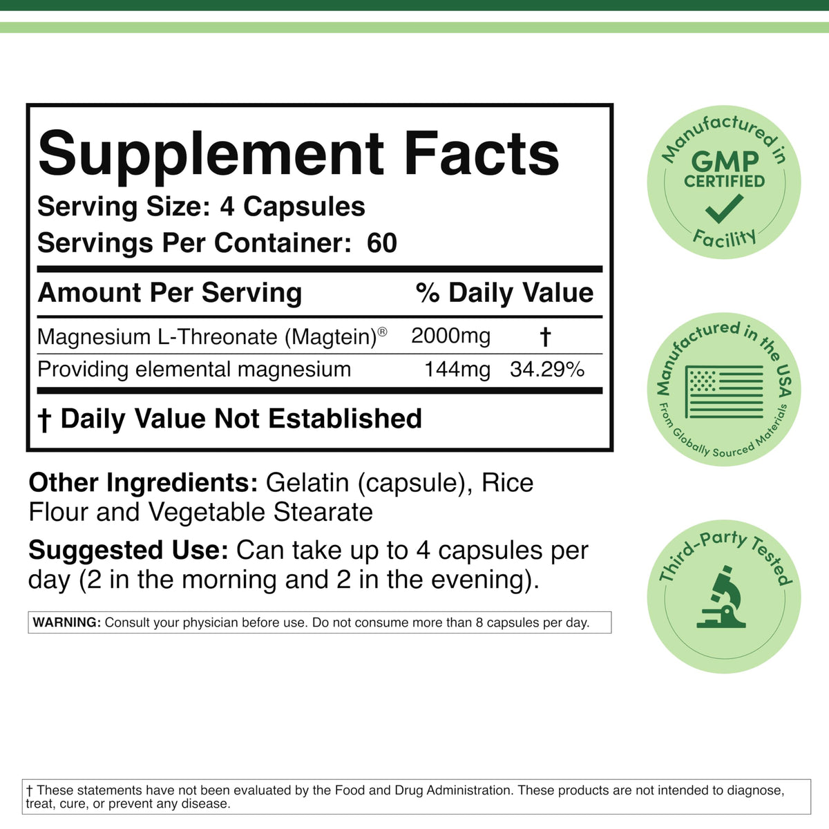 Magnesium L Threonate, Magtein - NSF Certified - Sleep and Cognitive Support – High Absorption – Most Bioavailable Form of Magnesium – 2,000 mg – 120 Capsules