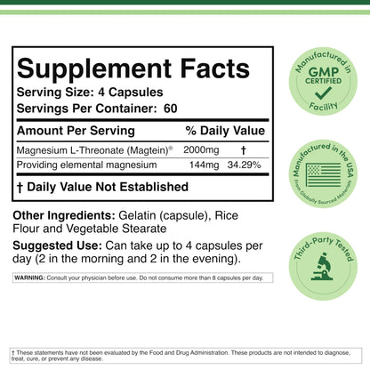 Magnesium L Threonate, Magtein - NSF Certified - Sleep and Cognitive Support – High Absorption – Most Bioavailable Form of Magnesium – 2,000 mg – 120 Capsules