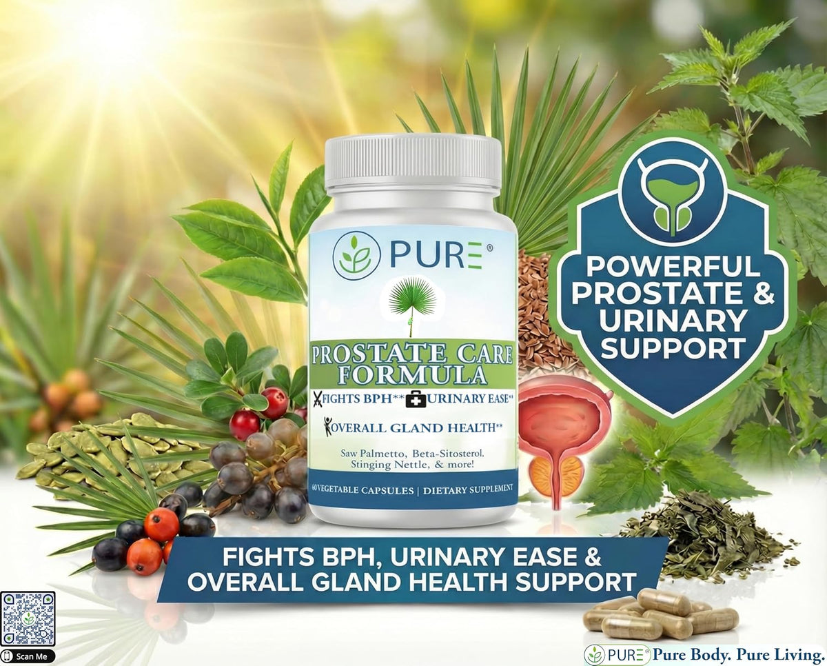 PURE® Prostate Care Formula - 60 Capsules, 30 Servings - Advanced Support for Urinary Flow & Bladder Health - Saw Palmetto, Beta-Sitosterol, Zinc & Lycopene Complex - Made in USA