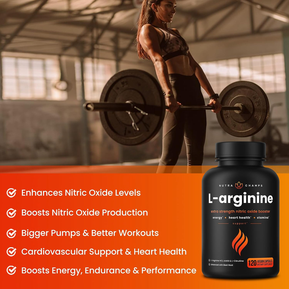 NutraChamps L-Arginine Supplement 1000mg + L-Citrulline 250mg & Beet Root – Nitric Oxide Booster for Heart Health, Energy & Stamina – Extra Strength Amino Acid Complex – 120 Vegan Capsules