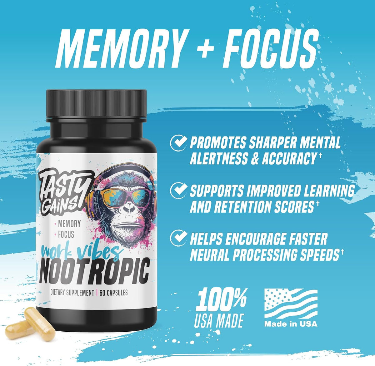 Nootropic Brain Supplement for Memory and Focus - Vitamin for Mental Health & Brain Health with L-Theanine, Rhodiola Rosea & Phosphatidylserine - Memory, Mental Clarity & Cognitive Improvement - 60 Ct