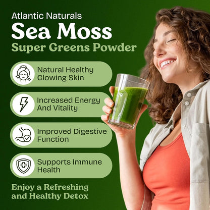 Atlantic Naturals Sea Moss Super Greens Powder – Organic Green Superfood Drink Mix with Fruits, Veggies & Probiotics – Energy, Digestion & Immune Support – 5000mg, Mixed Flavor