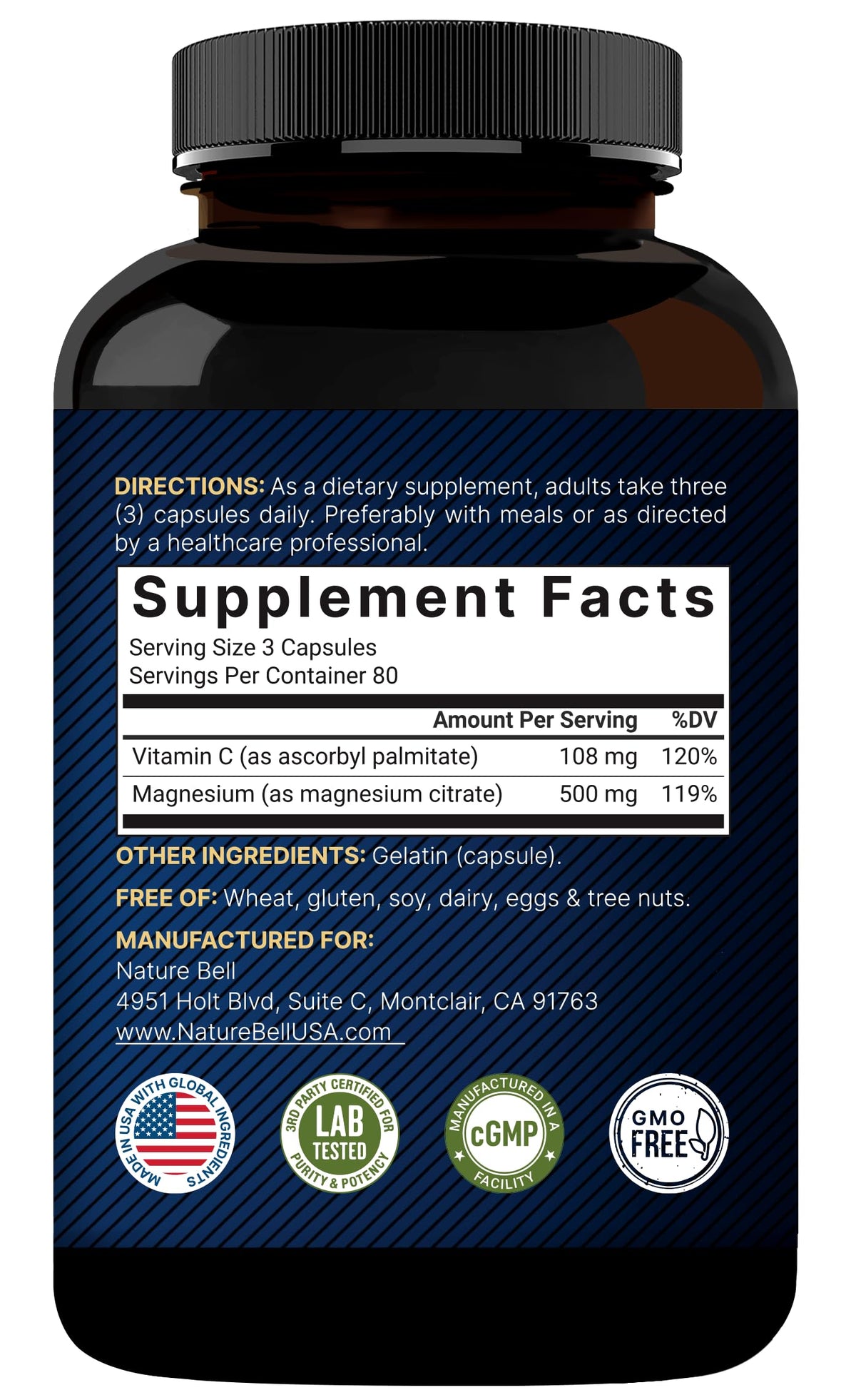 NatureBell Pure Magnesium Citrate 500mg per 3 Capsules Serving Size, 240 Capsules per Bottle | High-Purity Elemental Form | Non-GMO, Gluten-Free