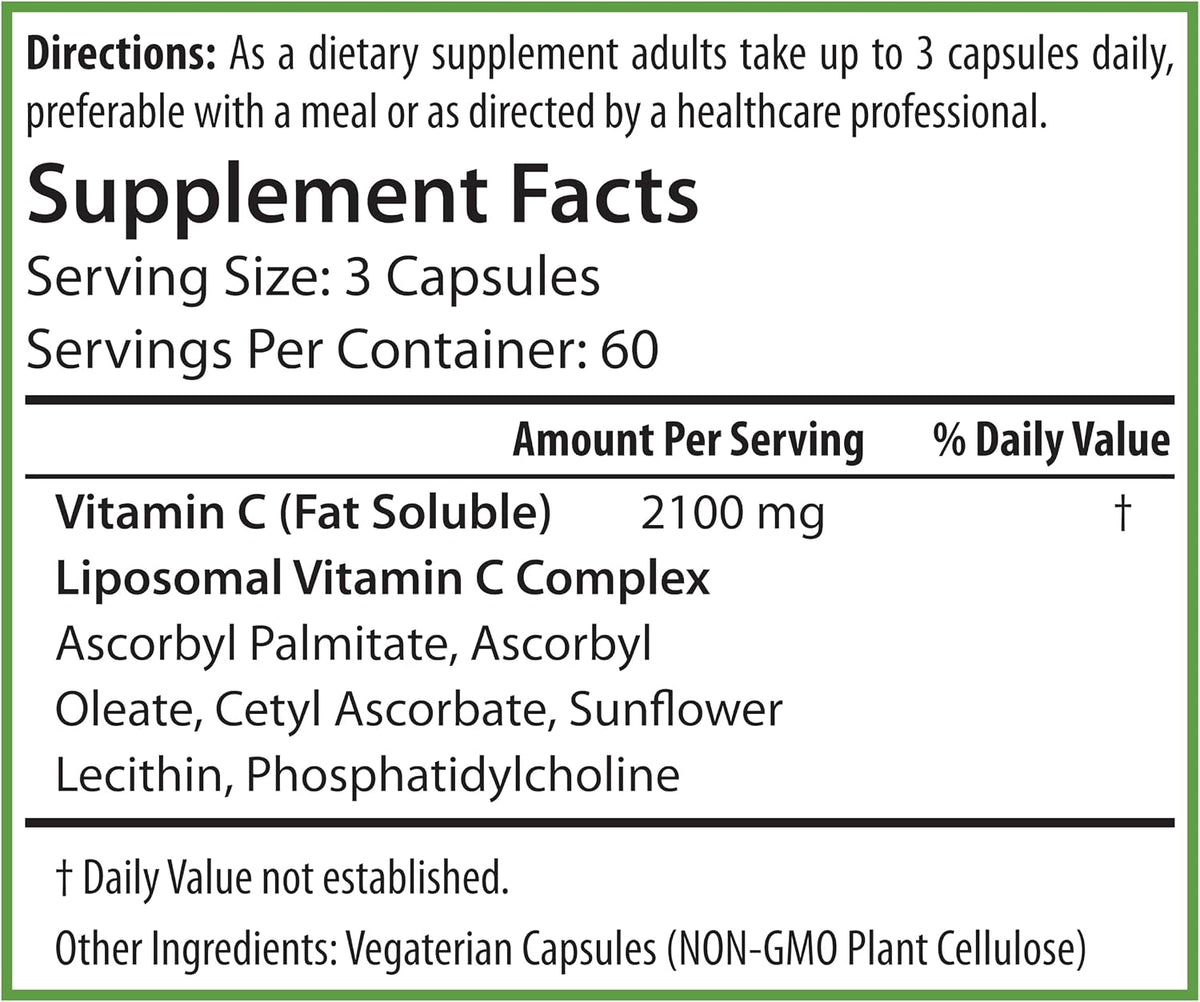 PURE® Liposomal Vitamin C 2100mg - 180 Capsules, 60 Servings - High Absorption Immune Support Supplement with Sunflower Lecithin - Bioavailable Antioxidant for Collagen & Skin - Made in USA