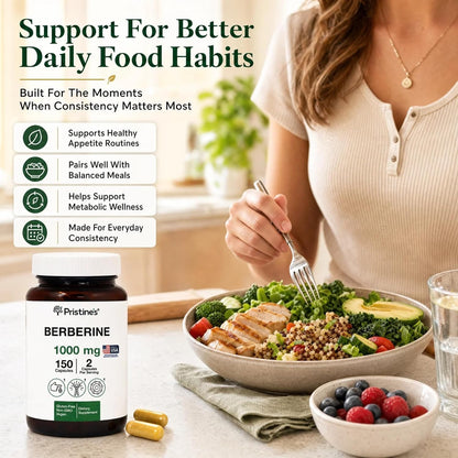 PRISTINE'S Berberine 1000mg Capsules, Daily Wellness Support, 75 Day Supply | Simple 2-capsule berberine routine with 1000mg per serving. Daily wellness, 75 day supply, vegan, non-GMO, gluten-free