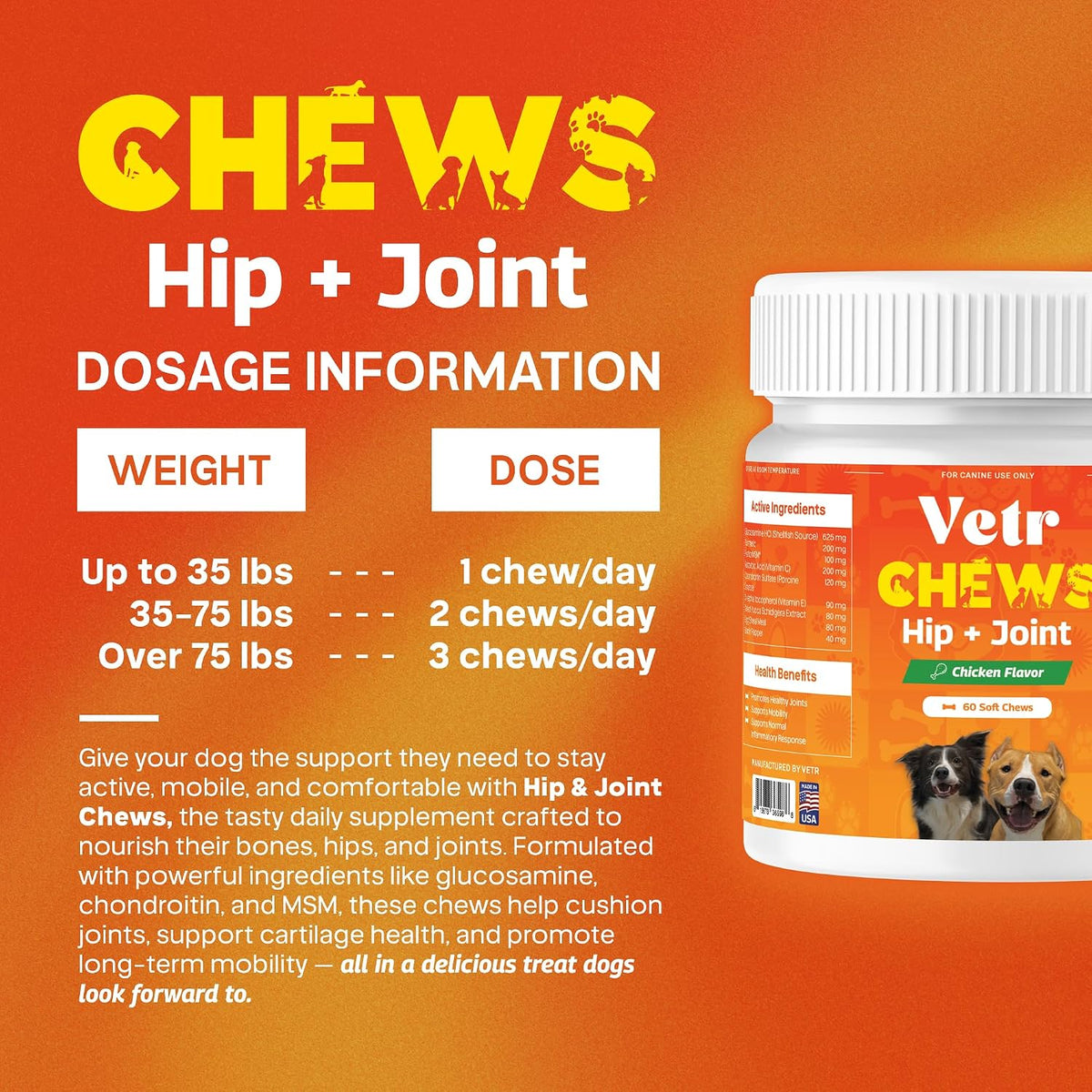 Vetr Hip and Joint Chicken Flavored Chews for Dogs - Glucosamine Chondroitin MSM Supplement - 60 Chewable Tablets - Vet-Formulated in USA