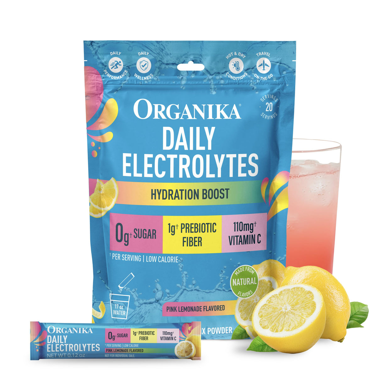 Organika Daily Electrolytes Powder Variety Pack with Vitamin C & Prebiotic Fiber – 21 Single-Serve Sachets (Lemonade, Raspberry, Pineapple Passion Fruit), Sugar-Free, Caffeine-Free