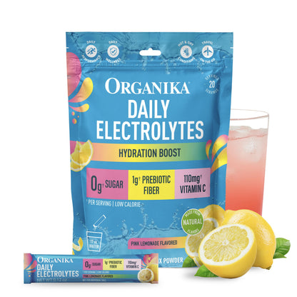 Organika Daily Electrolytes Powder Variety Pack with Vitamin C & Prebiotic Fiber – 21 Single-Serve Sachets (Lemonade, Raspberry, Pineapple Passion Fruit), Sugar-Free, Caffeine-Free