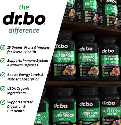 Organic Superfood Greens & Fruit Supplements - Energy Super Food Fruits and Veggies Supplement Tablets - Daily Green Veggie Powder Blend Plus Vegetable Foods Alfalfa, Spinach, Cabbage & Spirulina Tabs