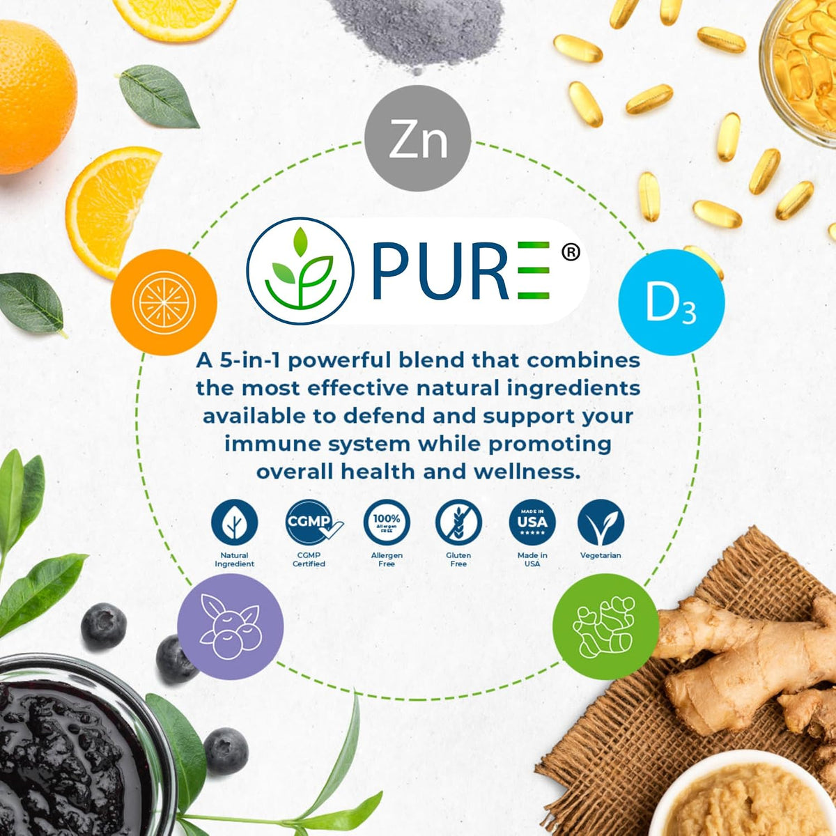 PURE® 5 in 1 Immune Formula - 120 Capsules - Black Elderberry 100 mg, Vitamin C 1000 mg, Vitamin D3 125 mcg (5000 IU), Zinc & Ginger Root - All-in-One Seasonal Defense Shield - Antioxidant Support USA