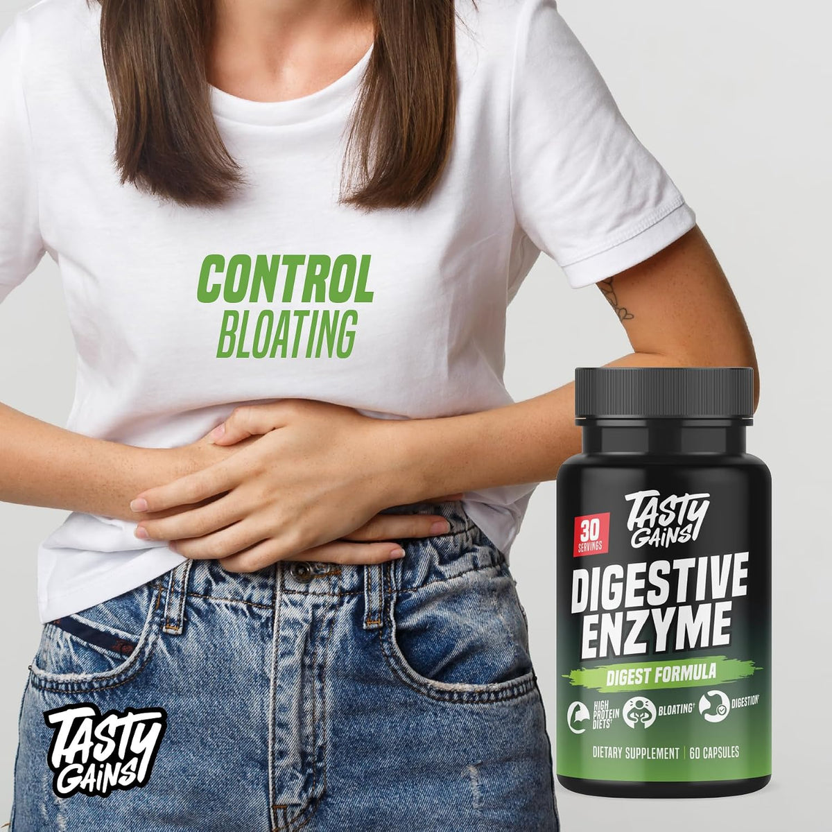 TASTY GAINS - Complete Digestive Enzymes Supplement for Gut Health - Bloating Relief for Men and Women - Enzymes for Digestion - Food Discomfort Relief & Debloat (60 Capsules)
