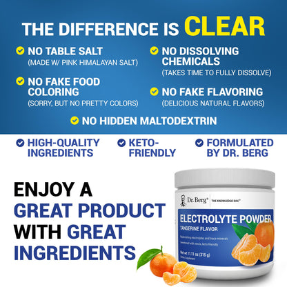 Dr. Berg Zero Sugar Hydration Keto Electrolyte Powder - Enhanced w/ 1000 mg of Potassium & Real Pink Himalayan Salt (NOT Table Salt) - Tangerine Flavor Hydration Drink Mix Supplement - 50 Servings