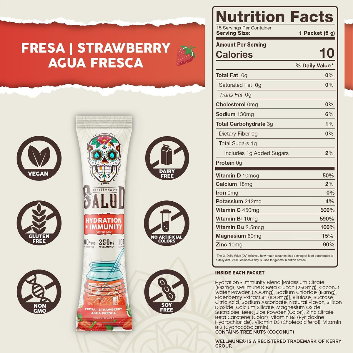 Salud 2-Pack | 2-in-1 Hydration + Immunity (Strawberry) & Hydration + Immunity (Horchata) – 15 Servings Each, Agua Fresca Drink Mix, Non-GMO, Gluten Free, Vegan, Low Calorie, 1g of Sugar
