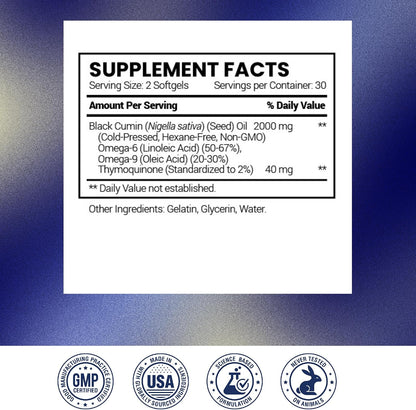 Research Verified Black Seed Oil - 60 Softgels - Boost Immunity, Support Digestion, Improve Respiratory Function - Cold-Pressed - 2% Thymoquinone (TQ)