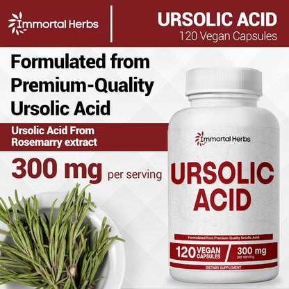Pure Ursolic Acid Supplement 300mg, 120 Pills, Rosemary Leaf Extract Powder, Non-GMO and Gluten-Free Ursolic Acid Capsules for Women and Men